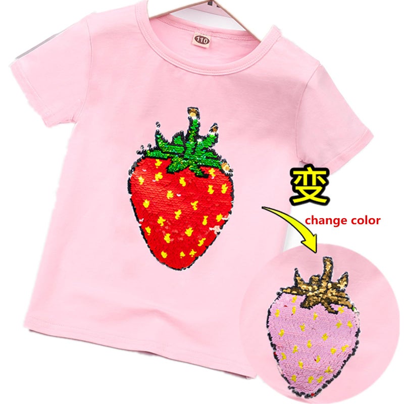 Szytypyl Strawberry Magic Flip Sequin Girls T-Shirts Short Sleeve Crew Shirt Kids Summer Cute Pullover Top - Image 2